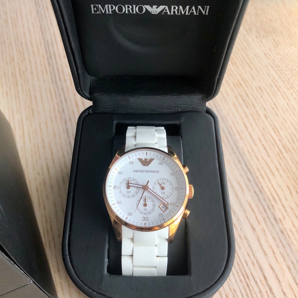 NIB Emporio Armani White Silicone Rose Gold Chronograph Watch AR-5920 Full Set
